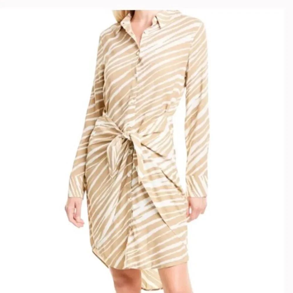 Habitual Talia Gardenia Zebra Print Beige White Tie Waist Shirt Dress